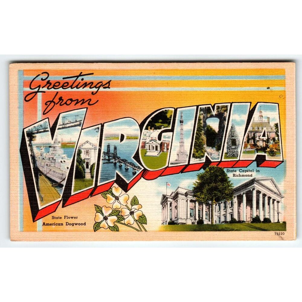 Greetings From Virginia 1940's Vintage Postcard Large Letter Linen Tichnor Bros